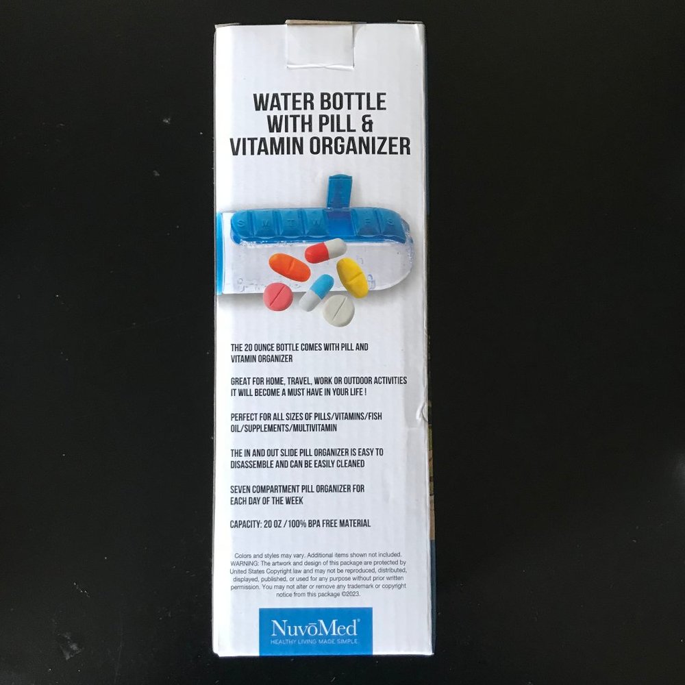 BLUE NUVOMED WATER BOTTLE WITH PILL AND VITAMIN ORGANIZER, BRAND NEW - Picture 3 of 4